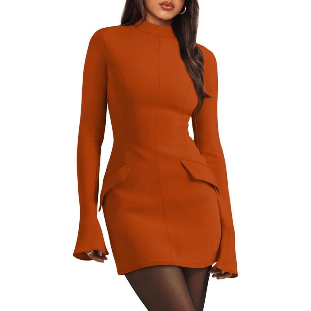 Women's Light Caramel Fall Long Sleeve Neck Mini Dress Party Club Bodycon